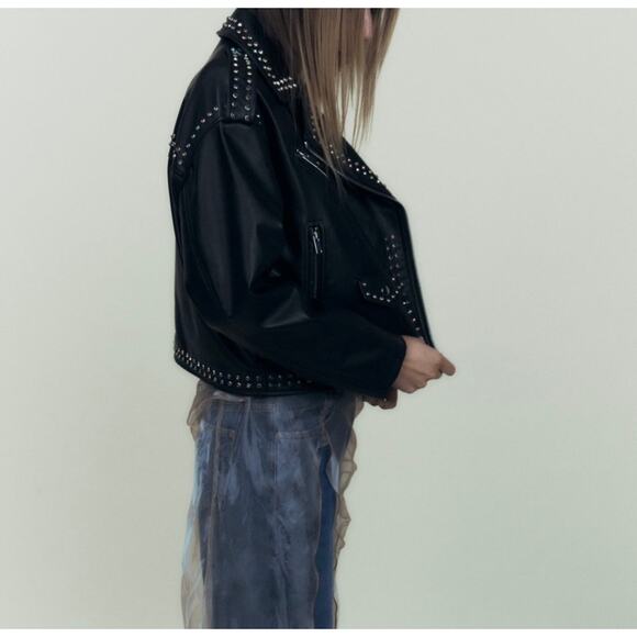 ZARA NWOT Black Faux Leather Rainbow Studded Rhinestone Biker Moto Jacket Medium - Picture 7 of 15